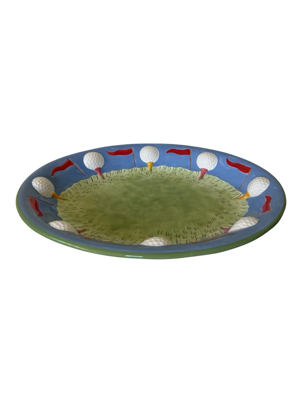 Vintage Hand-Painted CLAY ART 3D Golf-Themed Ceramic Serving Bowl chip & dip